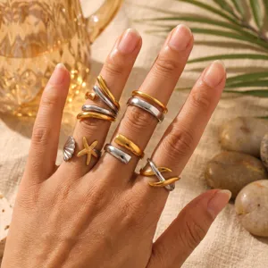 Detailed close-up view of stylish two-tone stainless steel stackable rings with chic design.
