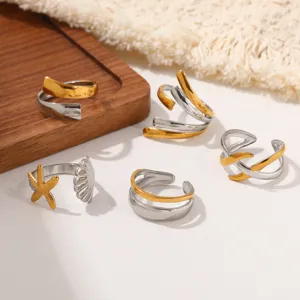 Stainless steel open rings set, minimalist geometric and marine design fashion jewelry for women.