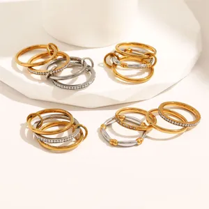 European Style Stainless Steel Stackable Ring Rhinestone 18K Gold Plated Heart Interlocking Ring Set For Women Jewelry