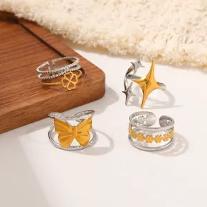 Stainless steel open rings set featuring clover, star, butterfly and flower designs.