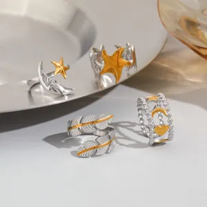 Stainless steel open rings set featuring stylish star moon feather designs for women detail view