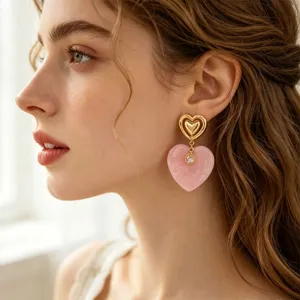 Chic French style double heart dangle earrings with pink resin and gold metal for women chic