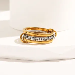 Stainless steel multi-layer stacked ring with sparkling rhinestones, luxury gold and silver finish.