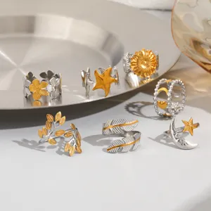 Stainless steel open rings set, chic botanical and celestial design for women fashion.