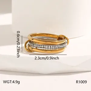 Stainless steel rhinestone stacked ring detail view, multi-layer interlocking ring jewelry.