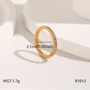 Stainless steel gold ring with crystal stones, elegant slim design, size 2.1cm daily wear jewelry.
