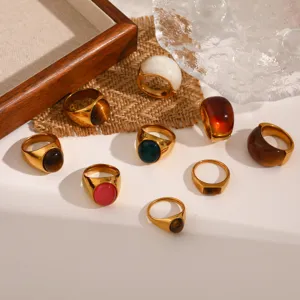 Stainless Steel Ring For Women Vintage Gold Plated Geometric Oval Rectangle Tiger Eye Stone Resin Niche Fashion Jewelry Party Accessories