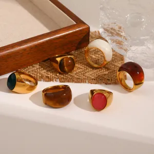 Stainless steel chunky statement rings detail, colored stone resin insert jewelry set.