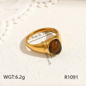 Stainless steel ring for women minimalist luxury titanium steel jewelry with brown stone.