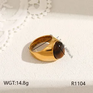 Minimalist stainless steel gold ring with brown stone, vintage signet style jewelry for women.