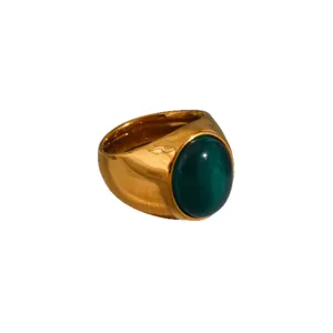 Gold Stainless Steel Signet Ring with Green Oval Stone Elegant Fashion Jewelry for Women