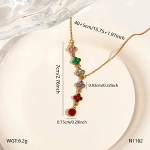 Gold stainless steel colorful clover clavicle chain necklace with crystal stones, 40+5cm.