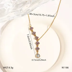 Elegant Stainless Steel Four Leaf Clover Necklace Purple Stone Clavicle Chain Jewelry