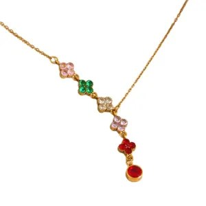 Gold stainless steel multi-color crystal clover pendant necklace for women chic jewelry