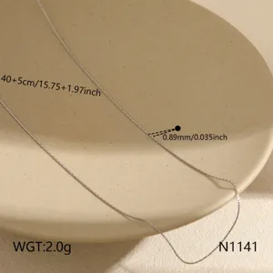 Close-up detail of stainless steel clavicle necklace with length and weight dimensions shown.