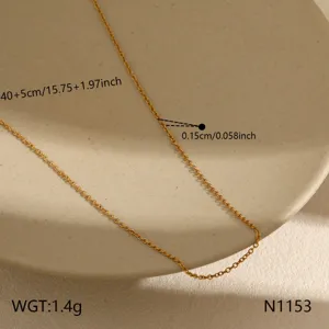 Delicate stainless steel necklace detail view, minimalist gold chain with precise measurements.
