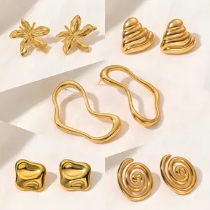 Detailed view of trendy gold stainless steel geometric and floral earrings collection.