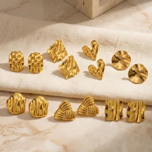 Gold stainless steel geometric earrings set, trendy chic minimalist everyday jewelry.