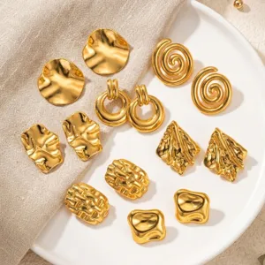 Gold geometric stainless steel earrings set, minimalist chic metal ear studs for women.