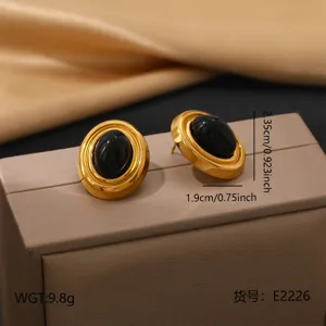 Retro stainless steel 18K titanium gold geometric stud earrings with elegant black oval stones.
