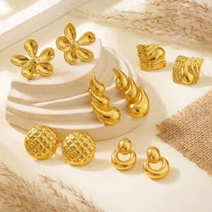 Gold stainless steel geometric flower earrings set, trendy minimalist fashion jewelry for women.