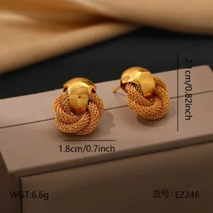 Detailed view of vintage gold stainless steel woven geometric dome earrings with size.