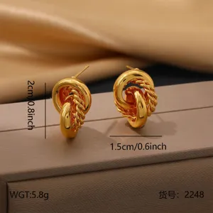 Gold stainless steel geometric braided stud earrings fashion luxury jewelry detail view