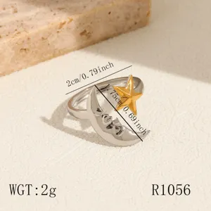 Stainless steel open ring featuring a cute crescent moon and star design, lightweight and stylish.