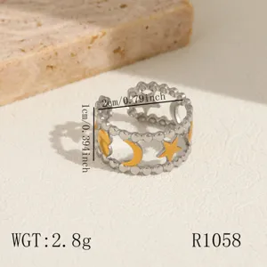 Stainless steel open star moon ring, chic hollow design fashion jewelry for women daily wear