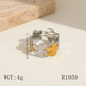 Stainless steel open ring detail, multi-flower spliced design, gold and silver tone, 4g.
