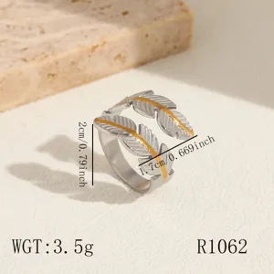 Stainless steel open ring with double feather design, stylish and trendy jewelry for women.