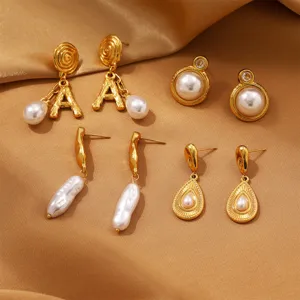 Vintage Stainless Steel Pearl Drop Earrings For Women Gold Plated Flower Tassel Dangle Earrings Retro Barocco Jewelry Accessories
