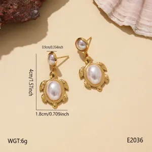 Gold stainless steel turtle pearl earrings, stylish ocean vacation jewelry for women daily wear.