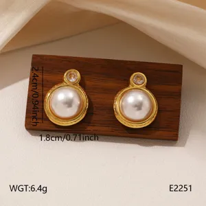 Retro gold-tone metal stud earrings featuring elegant round faux pearls and crystal details.