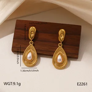 Stainless steel vintage teardrop pearl earrings, elegant gold drop earrings for women daily wear.