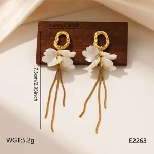 Elegant gold floral drop earrings with white shell petals and delicate long chains for women.