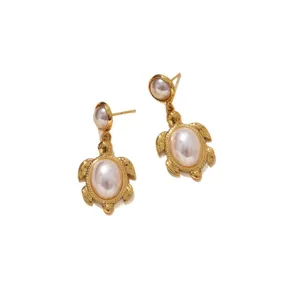 Gold-colored stainless steel turtle pearl drop earrings for women summer beach style