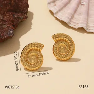 Gold stainless steel ammonite shell stud earrings ocean vacation fashion jewelry accessories