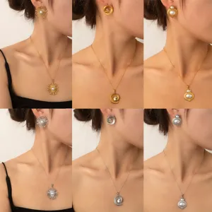 304 Stainless Steel Necklace Earrings Set 18K Gold Plated Retro Geometric Sun Flower Spiral Artificial Pearl Heart Rhinestone Jewelry Set For Women