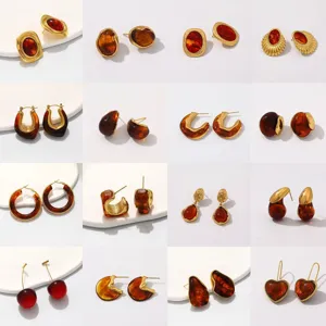 Retro Maillard Style Stainless Steel Amber Resin Earrings For Women Vintage Geometric Irregular Stud Earrings Aesthetic Jewelry
