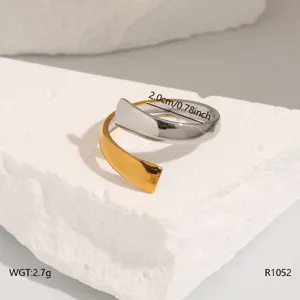 Stainless steel open ring with chic two-tone design, minimalist daily jewelry accessory.