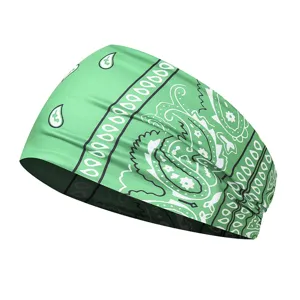 Green paisley print sports headband detail, stretchy yoga hair band for workout and running.