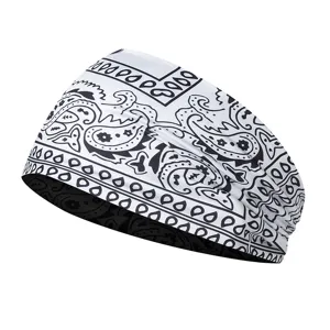 Black and white paisley sports headband, elastic sweat-wicking fitness hair band for yoga and running.