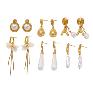 Gold stainless steel pearl earrings set, vintage floral tassel drop earrings for women.