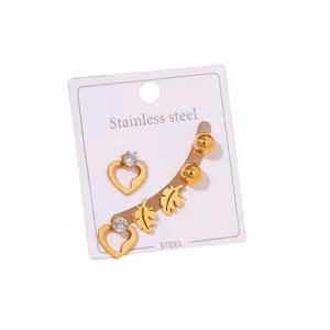 Stainless steel gold earrings set featuring heart crystal and leaf design for women fashion.