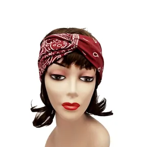 Retro red paisley printed twisted headband, wide fashion hair band for sports and daily wear.