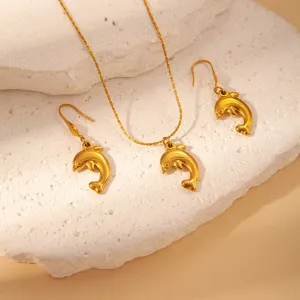 Gold dolphin necklace and earrings set, titanium steel ocean style jewelry for women summer.