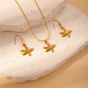 Gold stainless steel starfish necklace earrings set summer beach vacation jewelry for women