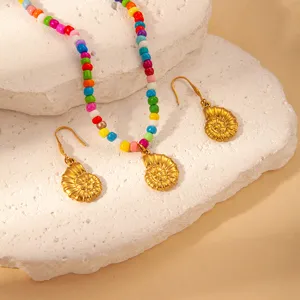 Colorful beaded necklace golden conch seashell pendant earrings set stainless steel summer ocean