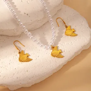 Gold fish pendant pearl necklace earrings set, summer ocean style jewelry for women daily wear.